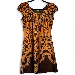 Wearable Art Pale Orange and Brown Y2K Vintage Mini Dress Medium